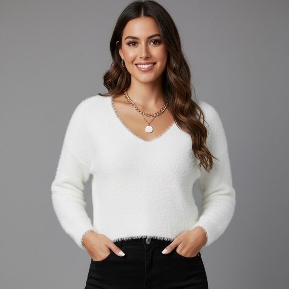 White Drop Shoulder Fuzzy Sweater - Picture 1 of 10